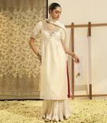 Kaarigari shahnawaz daisy ivory straight kurta with crushed silk skirt and crushed dupatta set