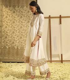 Kaarigari shiza daisy ivory long a-line kurta with palazzo and dupatta set