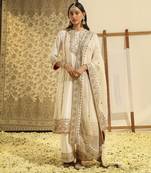 Kaarigari shiza daisy ivory long a-line kurta with palazzo and dupatta set
