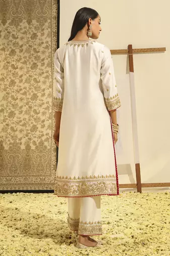 Kaarigari shiza daisy ivory long a-line kurta with palazzo and dupatta set