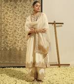 Kaarigari sahana daisy ivory long a-line kurta with palazzo and dupatta set