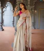 Beige art Silk Saree with Embroidered Lace Border and Magenta Pink blouse