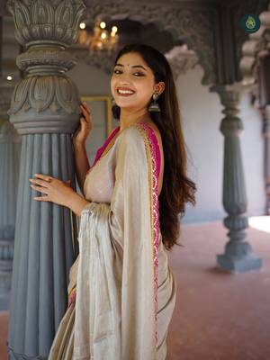 Beige art Silk Saree with Embroidered Lace Border and Magenta Pink blouse 2