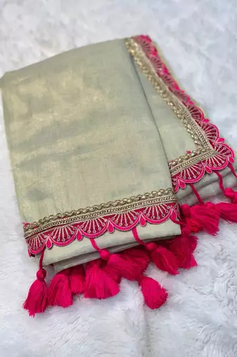 Beige art Silk Saree with Embroidered Lace Border and Magenta Pink blouse