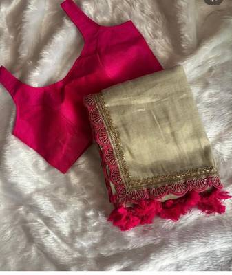 Beige art Silk Saree with Embroidered Lace Border and Magenta Pink blouse 6