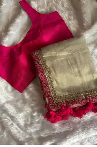 Beige art Silk Saree with Embroidered Lace Border and Magenta Pink blouse