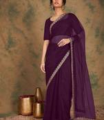 Raisin sequins embroidered soft mono net saree with blouse (un-stitched)
