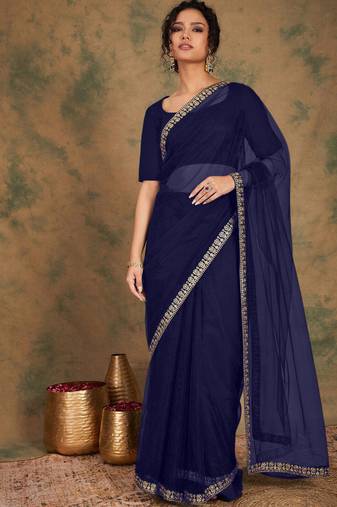 Navy blue sequins embroidered soft mono net saree with blouse (un-stitched)