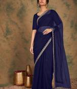 Navy blue sequins embroidered soft mono net saree with blouse (un-stitched)