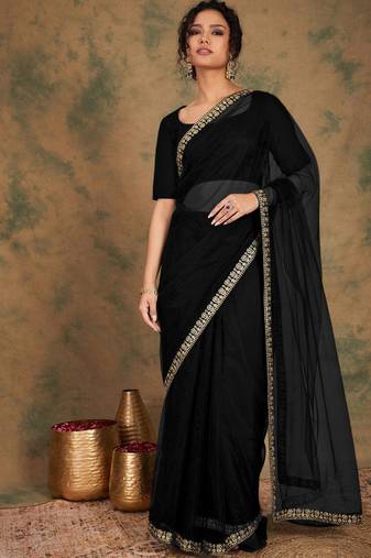 Black sequins embroidered soft mono net saree with blouse (un-stitched)