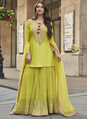 Lime green premium silk embroidered sharara suit 1