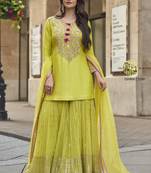 Lime green premium silk embroidered sharara suit