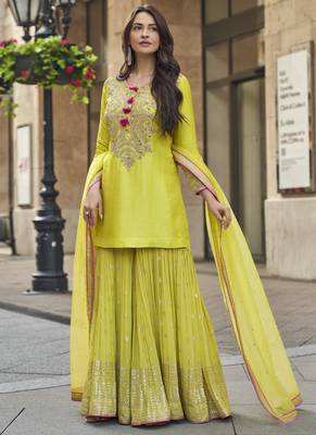 Lime green premium silk embroidered sharara suit 2
