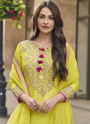 Lime green premium silk embroidered sharara suit 3