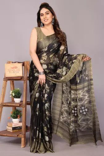 Beige floral print chiffon saree with unstiched blouse piece