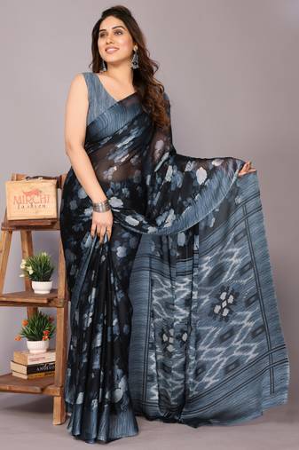 Grey floral print chiffon saree with unstiched blouse piece