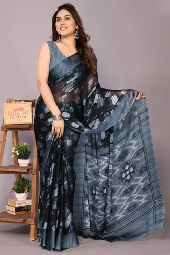 Grey floral print chiffon saree with unstiched blouse piece