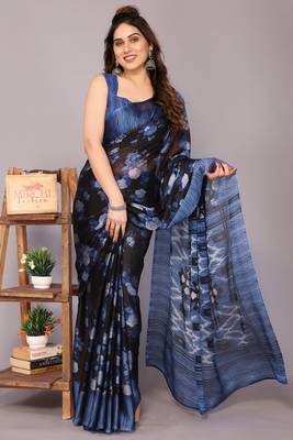 Blue floral print chiffon saree with unstiched blouse piece 1