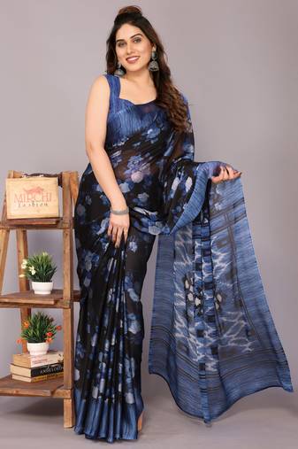 Blue floral print chiffon saree with unstiched blouse piece