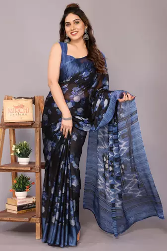 Blue floral print chiffon saree with unstiched blouse piece
