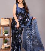 Blue floral print chiffon saree with unstiched blouse piece