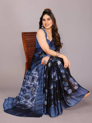 Blue floral print chiffon saree with unstiched blouse piece 2