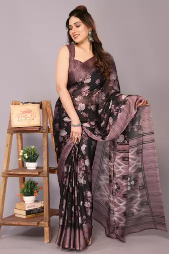 Pink floral print chiffon saree with unstiched blouse piece