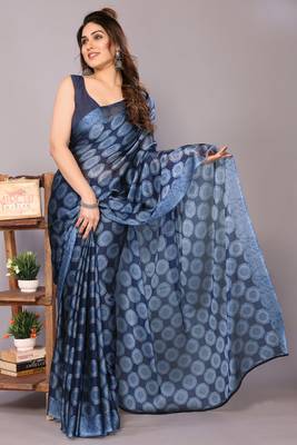 Maroon block print chiffon saree with unstiched blouse piece 1