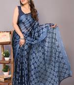 Dark blue block print chiffon saree with unstiched blouse piece