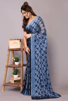 Maroon block print chiffon saree with unstiched blouse piece 3