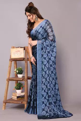 Maroon block print chiffon saree with unstiched blouse piece