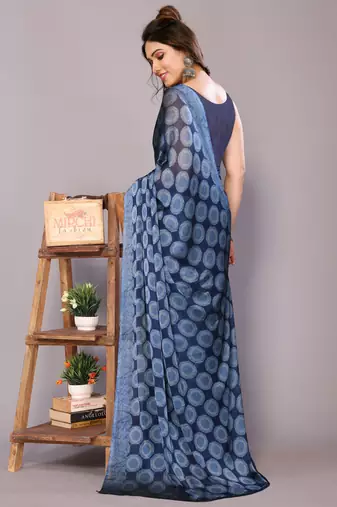 Maroon block print chiffon saree with unstiched blouse piece