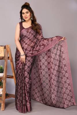 Maroon block print chiffon saree with unstiched blouse piece 1