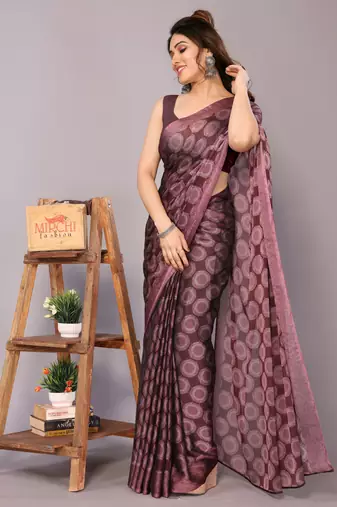 Maroon block print chiffon saree with unstiched blouse piece