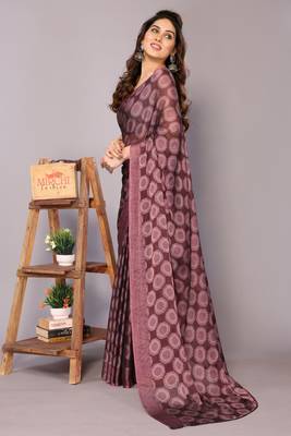 Maroon block print chiffon saree with unstiched blouse piece 3