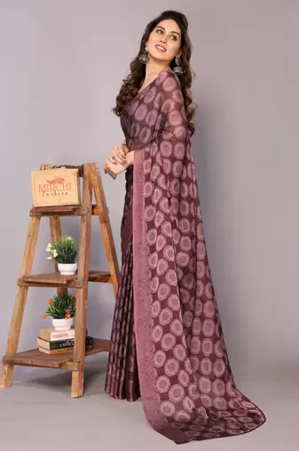 Maroon block print chiffon saree with unstiched blouse piece