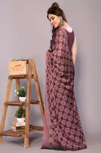 Maroon block print chiffon saree with unstiched blouse piece