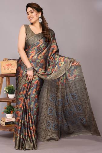 Grey floral print chiffon saree with unstiched blouse piece