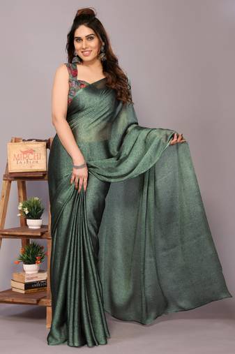 Dark green kalamkari floral print chiffon saree with unstiched blouse piece