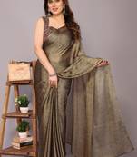 Dark beige kalamkari floral print chiffon saree with unstiched blouse piece