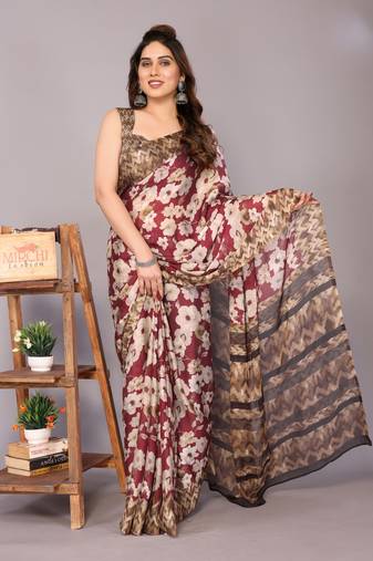 Maroon floral print chiffon saree with unstiched blouse piece