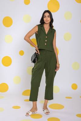 Olive green everyday wear top and pant two piece set summer relaxed 100% cotton co-ord set 1