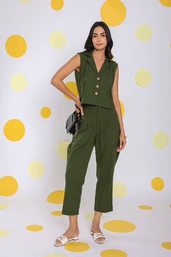Olive green everyday wear top and pant two piece set summer relaxed 100% cotton co-ord set