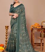 Dark teal ikkat patola print cotton blend saree with unstiched blouse piece