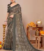 Coffee brown ikkat patola print cotton blend saree with unstiched blouse piece