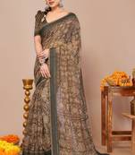 Brown ikkat patola print cotton blend saree with unstiched blouse piece