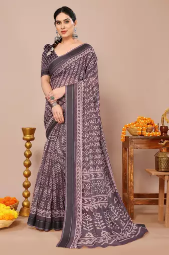 Dusty purple batik print cotton blend saree with unstiched blouse piece