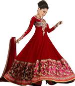 Dark Red Embroidered Georgette  Semi Stitched Anarkali Suit