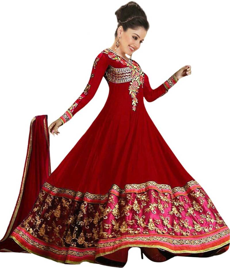 Dark Red Embroidered Georgette  Semi Stitched Anarkali Suit