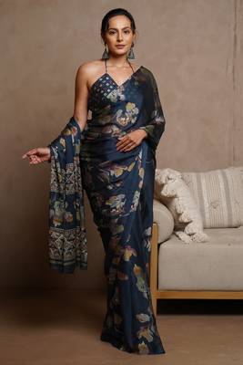 Navy blue floral print chiffon saree with unstiched blouse piece 1